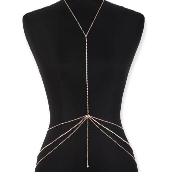 Gold Chest Chain Glittery Rhinestone Waist Chain Body Chain NEW - Picture 2 of 4